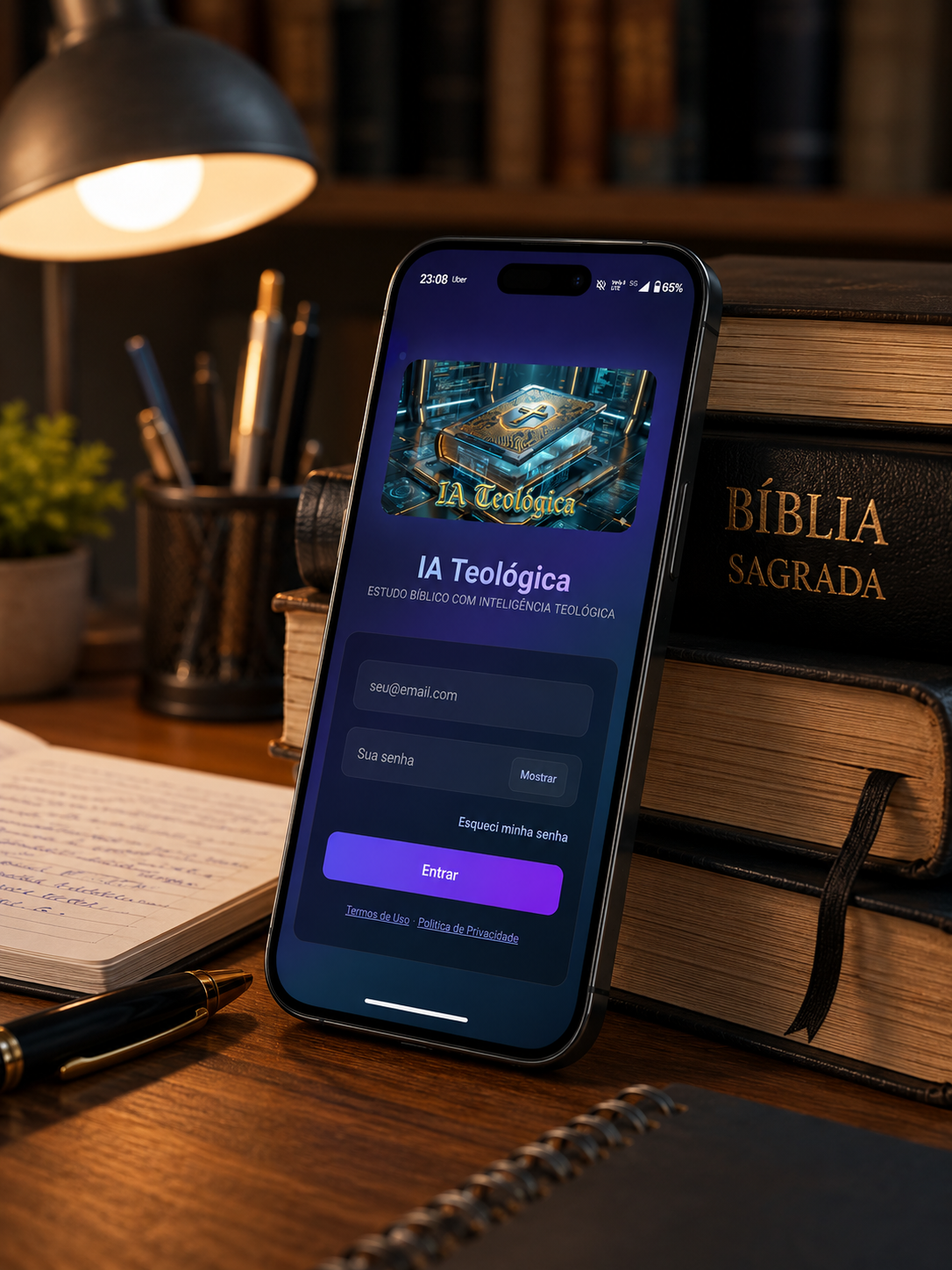Login da IA Teológica em celular