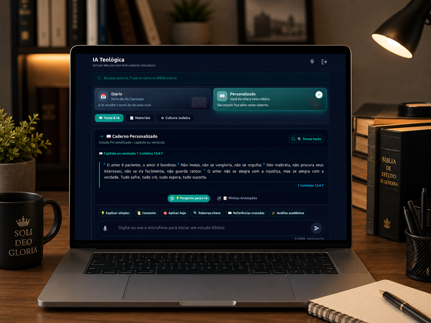 IA Teológica em notebook sobre mesa de estudos
